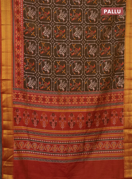 Semi tussar saree brown and dual shade of pink with allover ikat prints and zari woven border