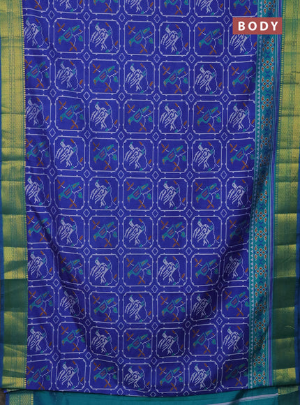 Semi tussar saree blue and teal greenish blue with allover ikat prints and zari woven border