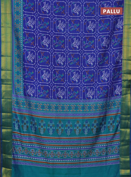 Semi tussar saree blue and teal greenish blue with allover ikat prints and zari woven border