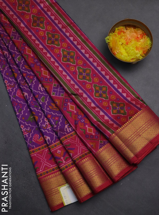Semi tussar saree purple and pink with allover patola prints and zari woven border