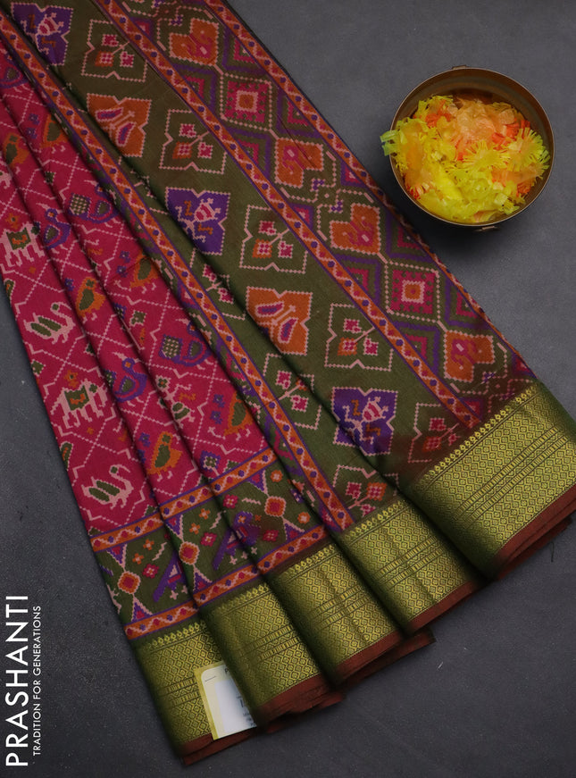 Semi tussar saree pink and dual shade of green with allover patola prints and zari woven border