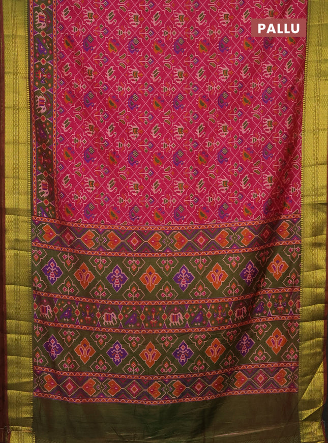 Semi tussar saree pink and dual shade of green with allover patola prints and zari woven border