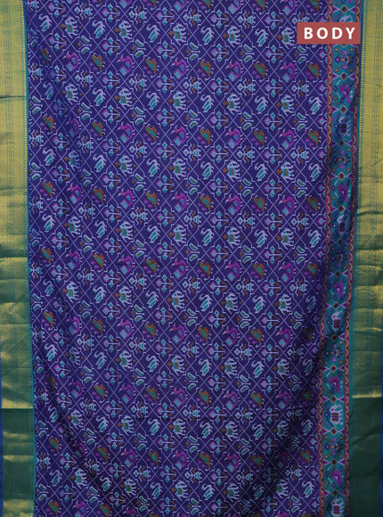 Semi tussar saree dark blue and teal green with allover patola prints and zari woven border
