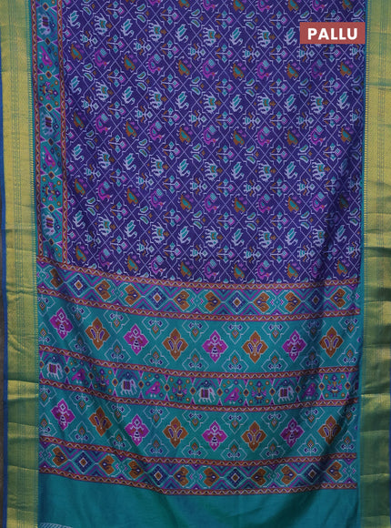 Semi tussar saree dark blue and teal green with allover patola prints and zari woven border