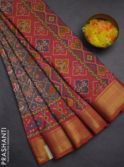 Semi tussar saree dual shade of bluish grey and dual shade of pink with allover patola prints and zari woven border