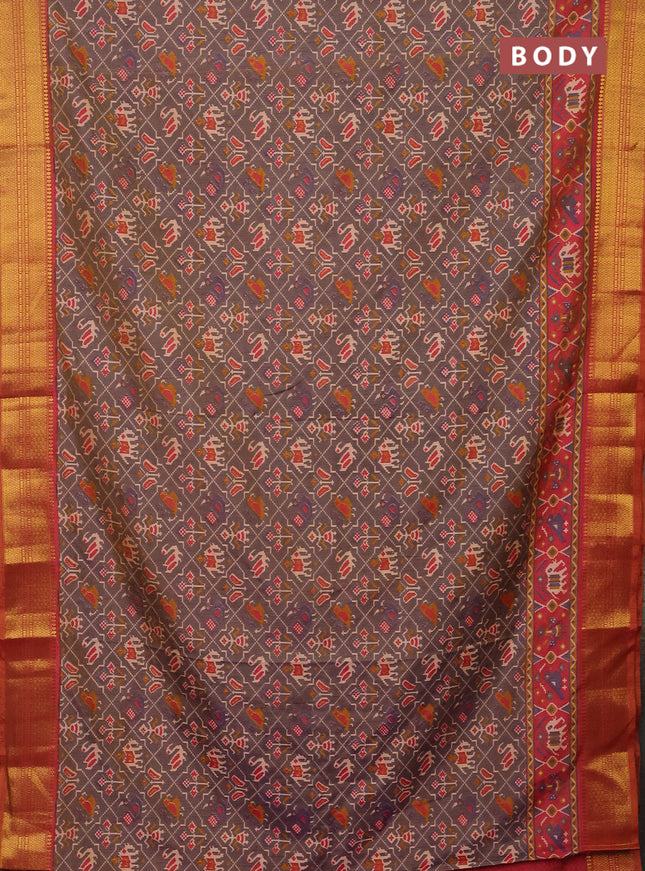 Semi tussar saree dual shade of bluish grey and dual shade of pink with allover patola prints and zari woven border