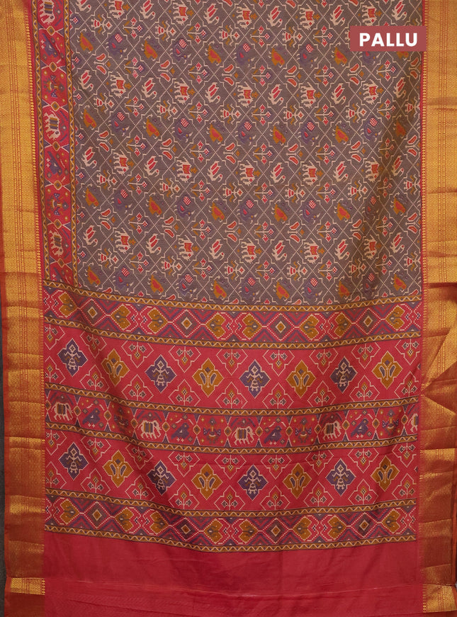 Semi tussar saree dual shade of bluish grey and dual shade of pink with allover patola prints and zari woven border