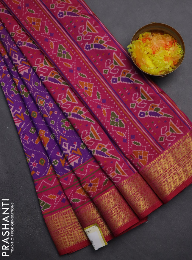 Semi tussar saree purple and pink with allover patola prints and zari woven border