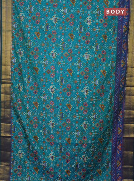 Semi tussar saree teal bluish green and dual shade of violet with allover patola prints and zari woven border