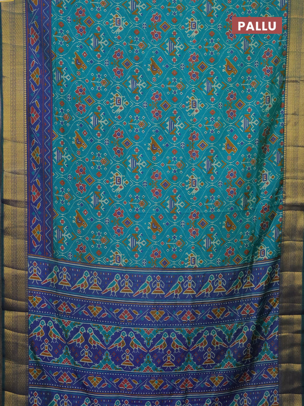 Semi tussar saree teal bluish green and dual shade of violet with allover patola prints and zari woven border