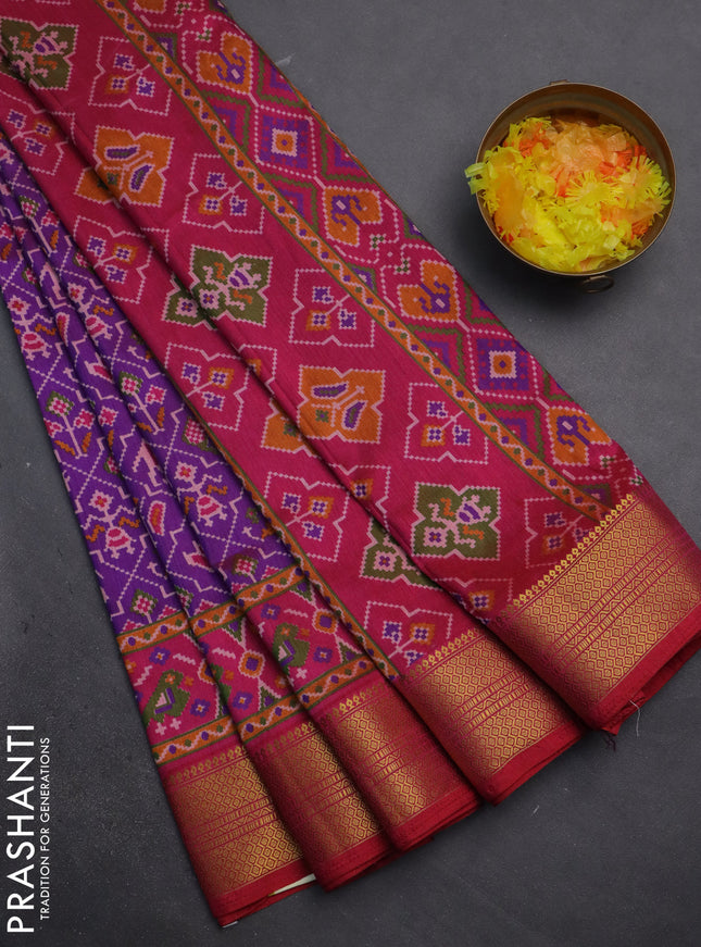 Semi tussar saree purple and pink with allover patola prints and zari woven border