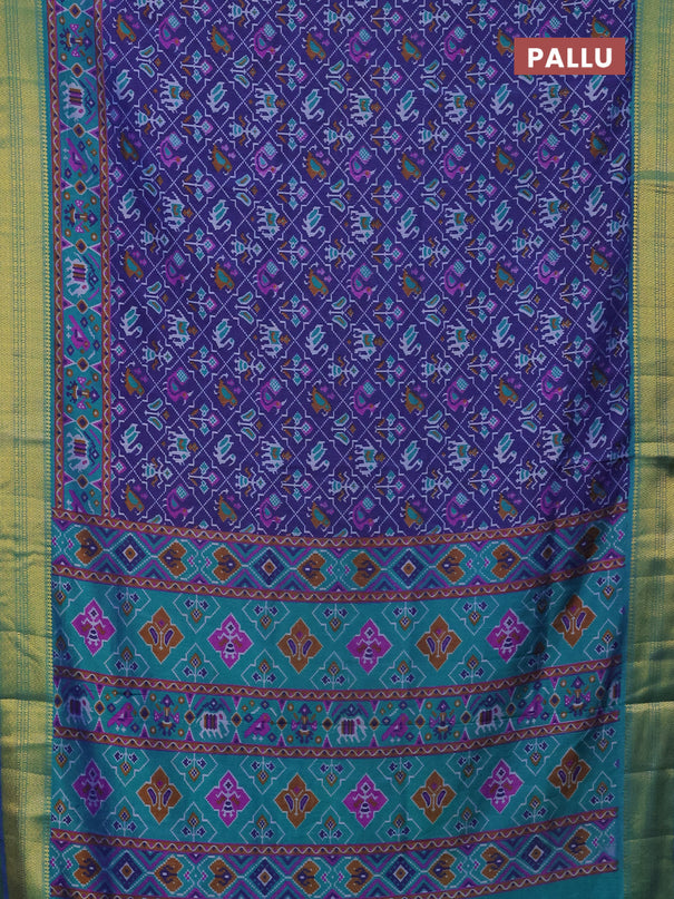 Semi tussar saree dark blue and teal green with allover patola prints and zari woven border