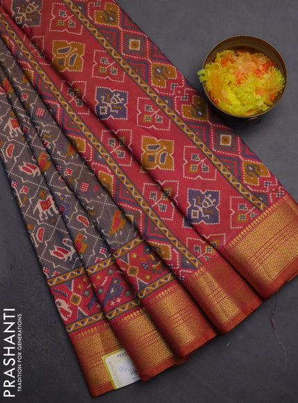 Semi tussar saree dual shade of bluish grey and dual shade of pink with allover patola prints and zari woven border