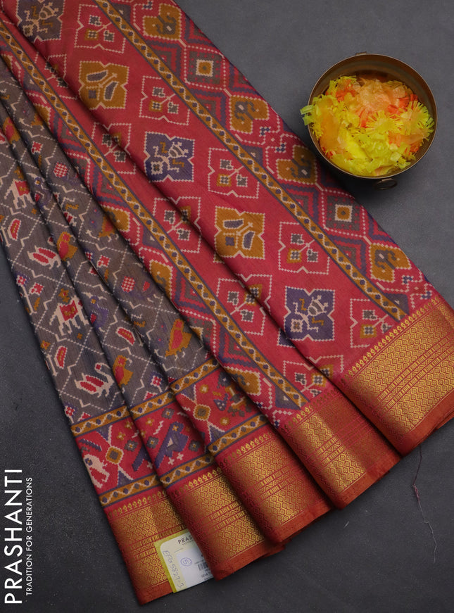 Semi tussar saree dual shade of bluish grey and dual shade of pink with allover patola prints and zari woven border