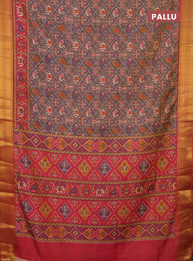 Semi tussar saree dual shade of bluish grey and dual shade of pink with allover patola prints and zari woven border