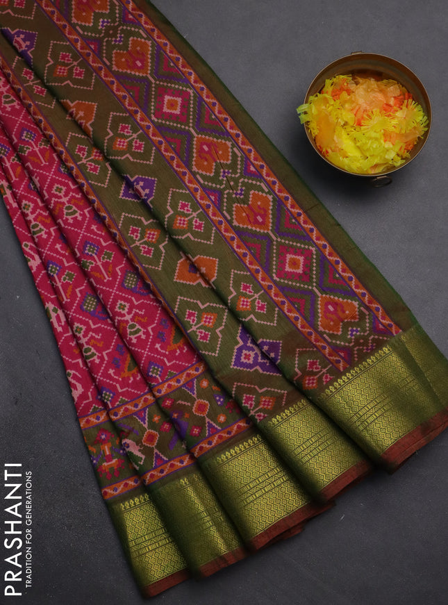 Semi tussar saree pink and dual shade of green with allover patola prints and zari woven border