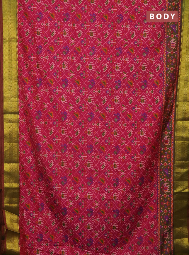 Semi tussar saree pink and dual shade of green with allover patola prints and zari woven border