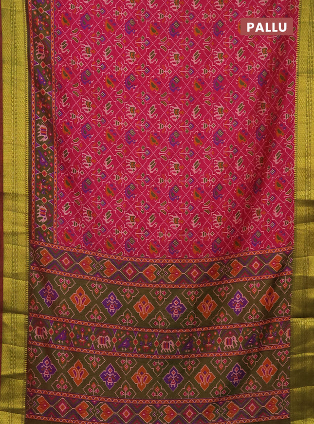 Semi tussar saree pink and dual shade of green with allover patola prints and zari woven border
