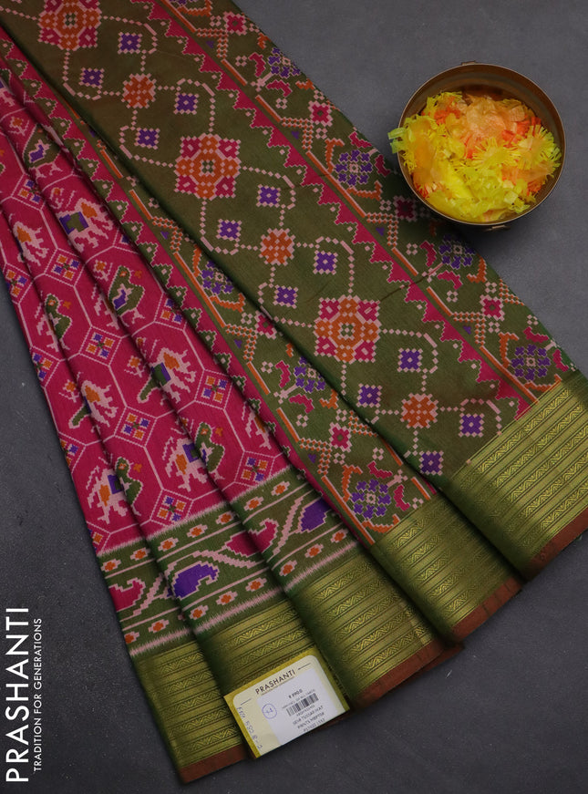 Semi tussar saree pink and dual shade of green with allover patola prints and zari woven border