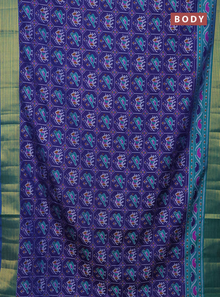 Semi tussar saree dark blue and teal green with allover patola prints and zari woven border