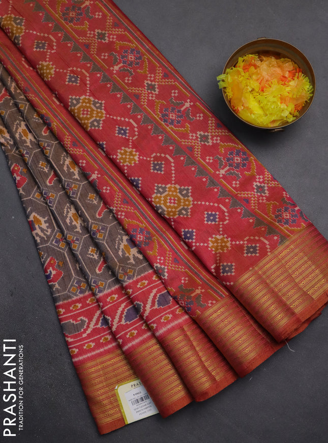 Semi tussar saree dual shade of grey and dual shade of pink with allover patola prints and zari woven border