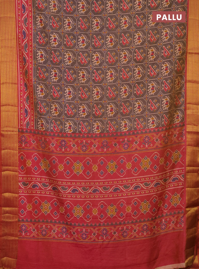 Semi tussar saree dual shade of grey and dual shade of pink with allover patola prints and zari woven border