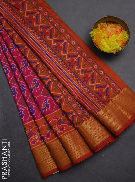 Semi tussar saree pink and rust shade with allover patola prints and zari woven border