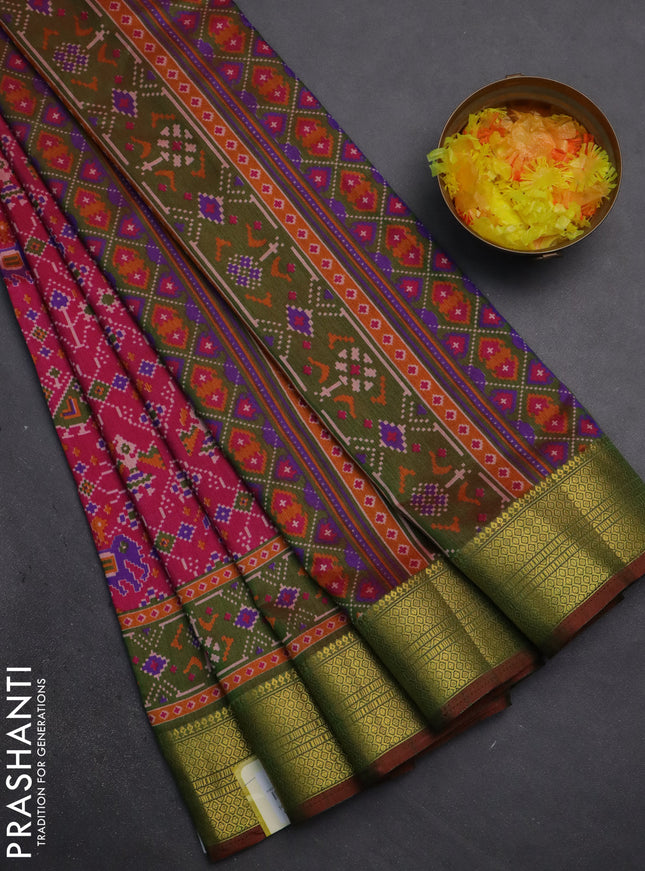 Semi tussar saree pink and dual shade of green with allover patola prints and zari woven border