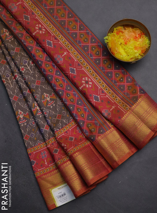 Semi tussar saree dual shade of grey and dual shade of pink with allover patola prints and zari woven border