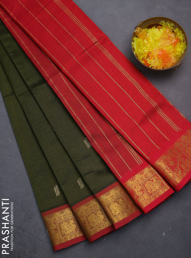 Silk cotton saree sap green and red with zari woven annam buttas and zari woven border