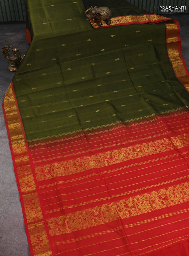 Silk cotton saree sap green and red with zari woven annam buttas and zari woven border