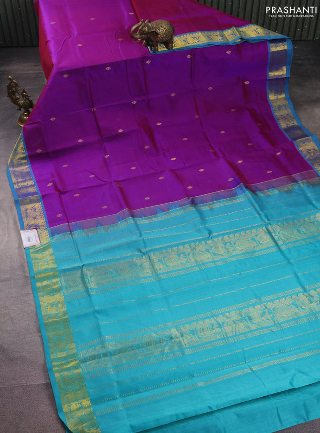 Silk cotton saree dual shade of purple and teal blue with zari woven buttas and zari woven border