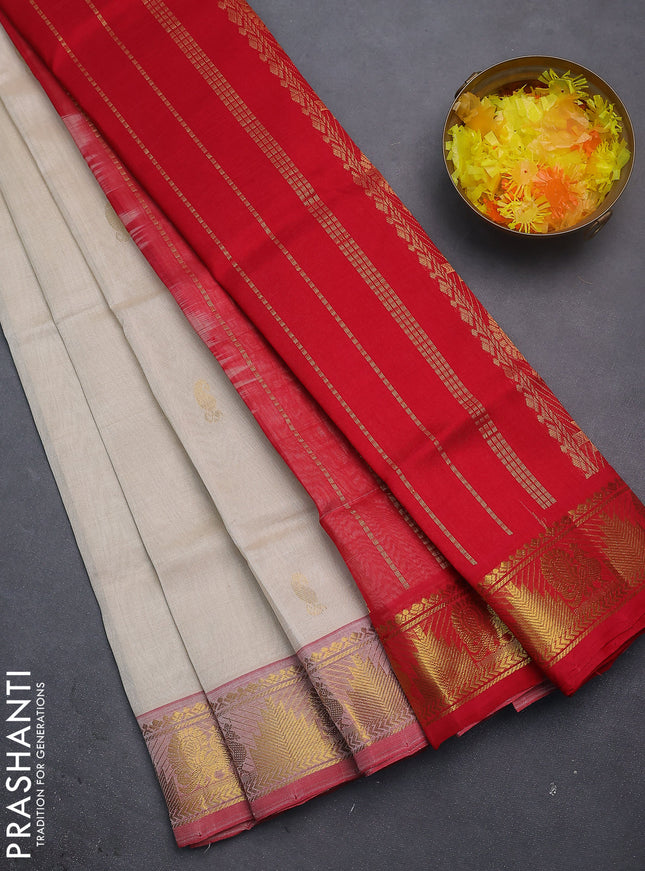 Silk cotton saree cream and red with zari woven paisley buttas and zari woven border