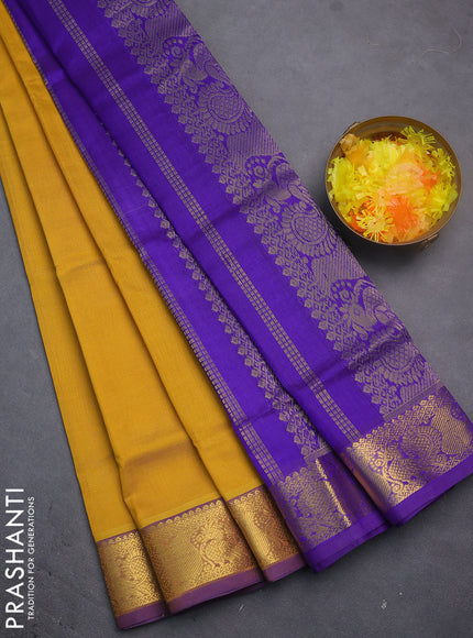 Silk cotton saree mustatrd yellow and violet with zari woven paisley buttas and zari woven border