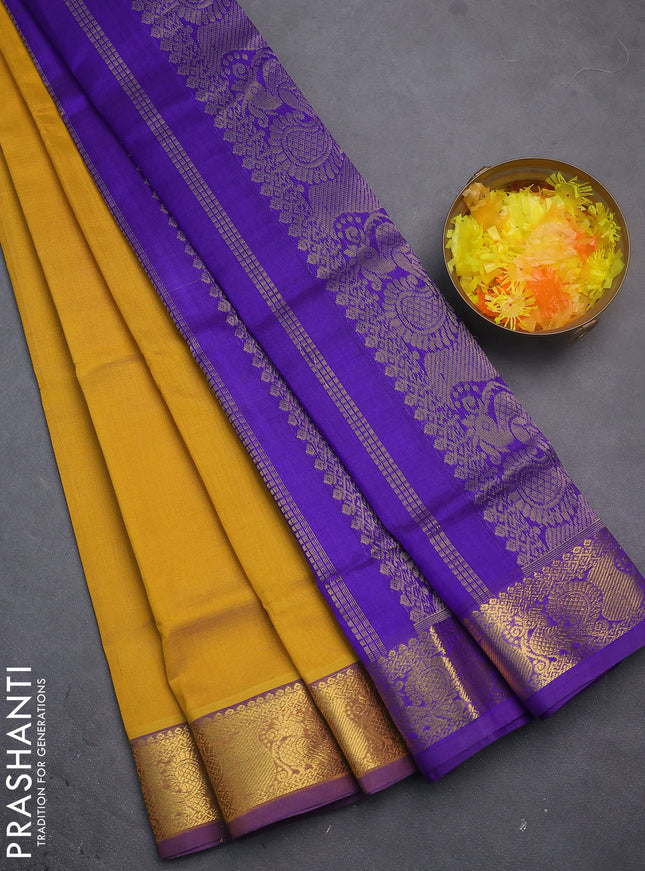 Silk cotton saree mustatrd yellow and violet with zari woven paisley buttas and zari woven border