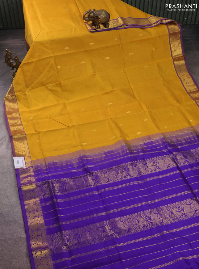 Silk cotton saree mustatrd yellow and violet with zari woven paisley buttas and zari woven border