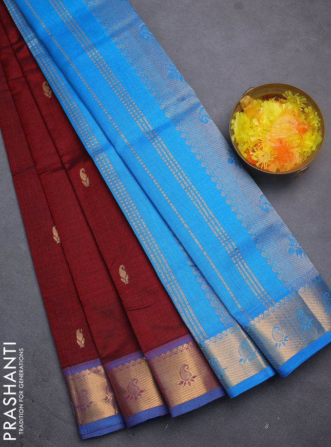 Silk cotton saree maroon and cs blue with zari woven buttas and zari woven border