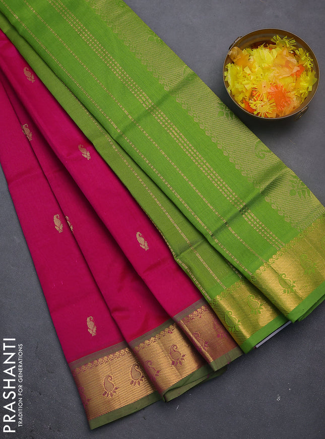 Silk cotton saree pink and light green with zari woven paisley buttas and zari woven border