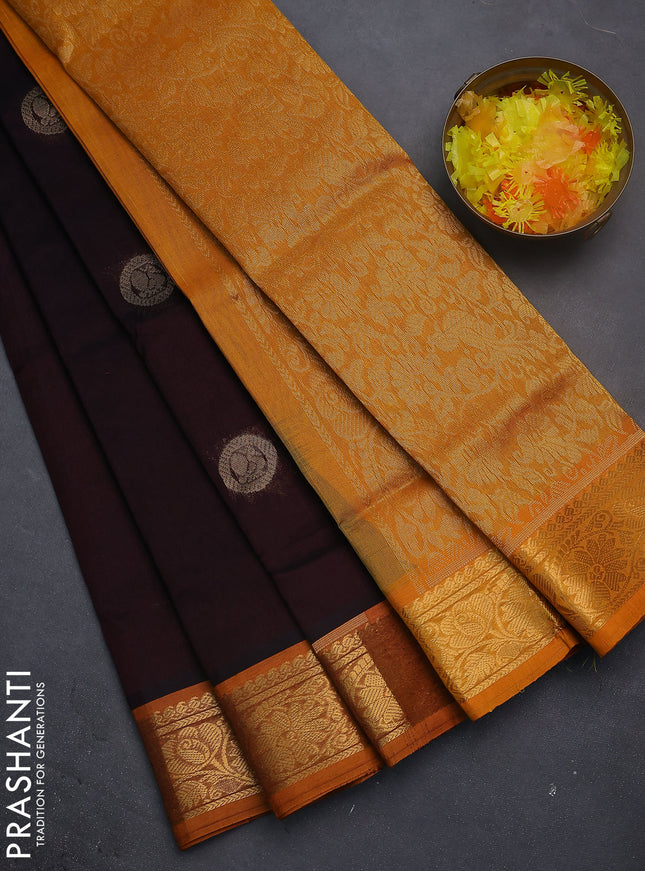 Silk cotton saree coffee brown and mustard yellow with zari woven buttas and zari woven border