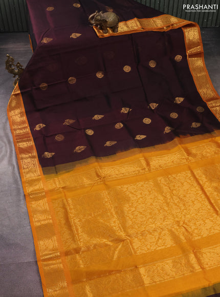 Silk cotton saree coffee brown and mustard yellow with zari woven buttas and zari woven border