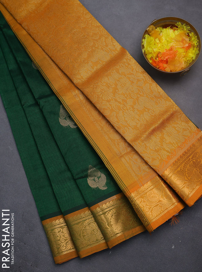 Silk cotton saree green and mango yellow with zari woven buttas and zari woven border