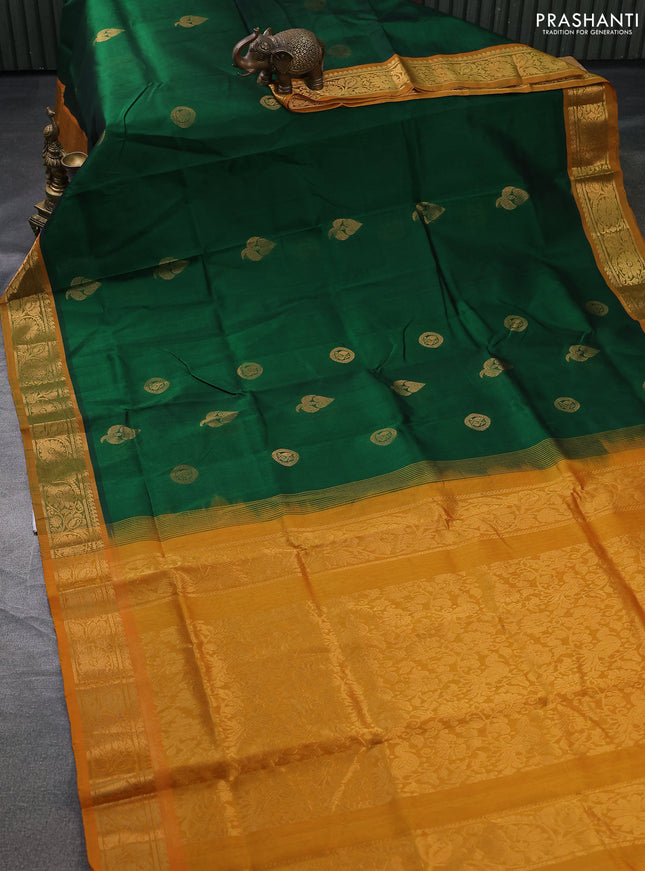 Silk cotton saree green and mango yellow with zari woven buttas and zari woven border