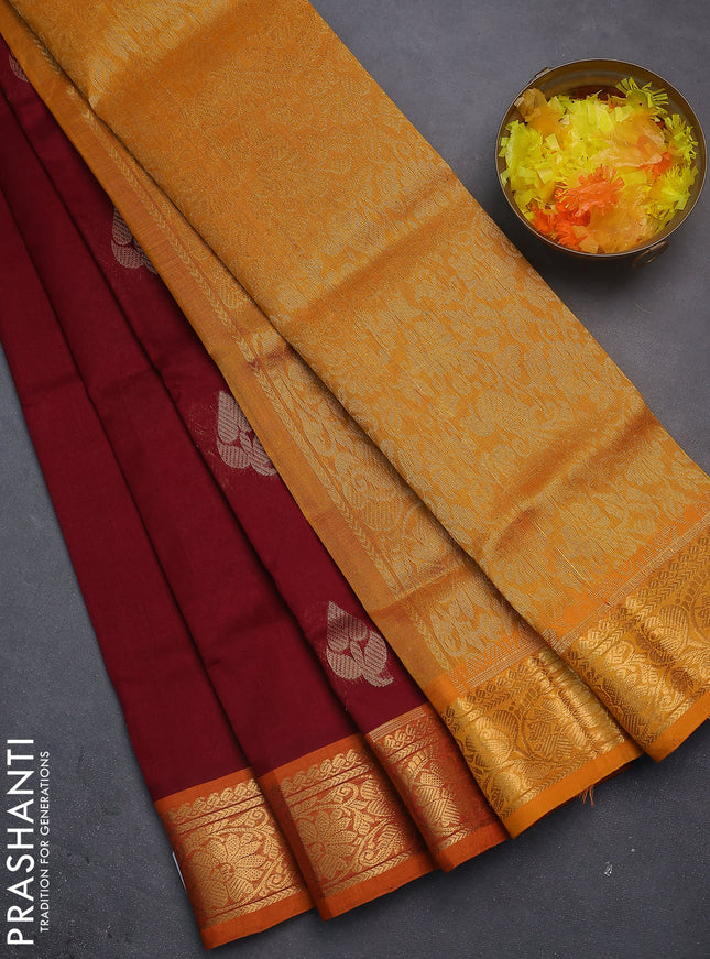 Silk cotton saree maroon and mango yellow with zari woven buttas and zari woven border