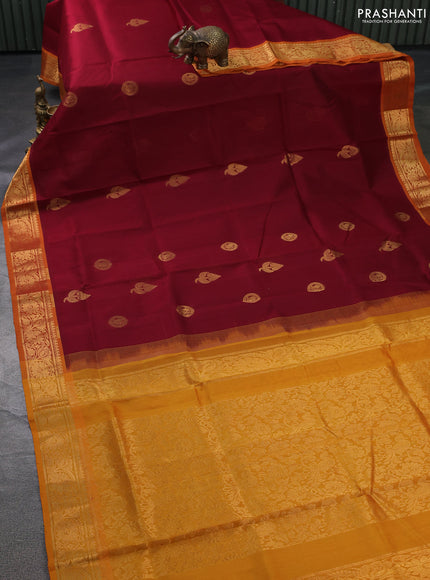 Silk cotton saree maroon and mango yellow with zari woven buttas and zari woven border