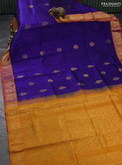 Silk cotton saree blue and mango yellow with zari woven buttas and zari woven border