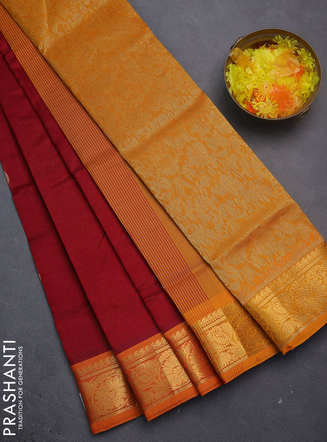 Silk cotton saree kumkum red and mango yellow with zari woven buttas and zari woven border