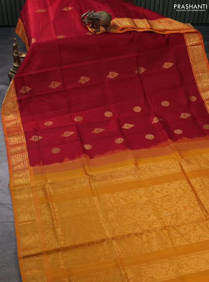 Silk cotton saree kumkum red and mango yellow with zari woven buttas and zari woven border