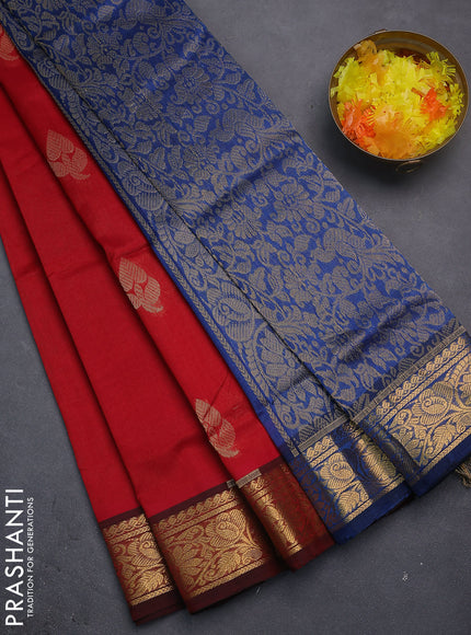 Silk cotton saree red and peacock blue with zari woven buttas and zari woven border