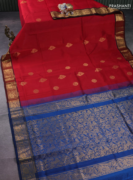 Silk cotton saree red and peacock blue with zari woven buttas and zari woven border