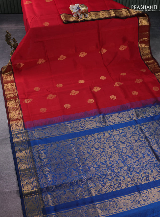 Silk cotton saree red and peacock blue with zari woven buttas and zari woven border